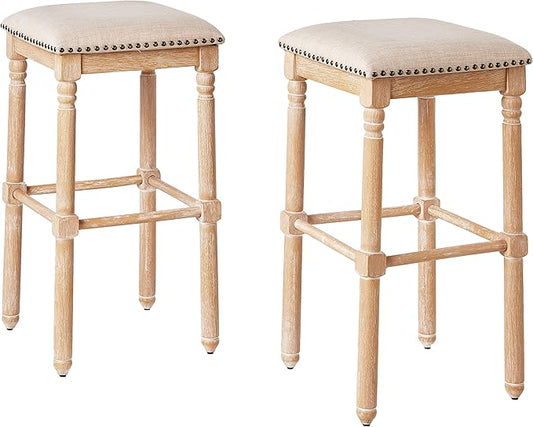 Roundhill Furniture Arnhem Wood Upholstered Swivel Bar Stools, Set of 2, Tan