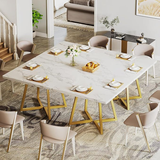 Tribesigns Square Dining Table for 8, 31.5" Modern Dinner Table with Metal Base, Kitchen Table for Dining Room, Small Space, Apartment, White & Gold