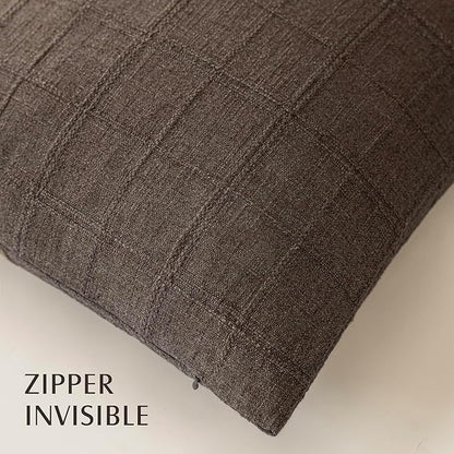 Foindtower Set of 2 Decorative Linen Check Throw Pillow Covers Neutral Farmhouse Vintage Cushion Covers Modern Boho Home Decor for Sofa Chair Couch Bedroom Living Room Outdoor,18×18 Inch,Dark Brown