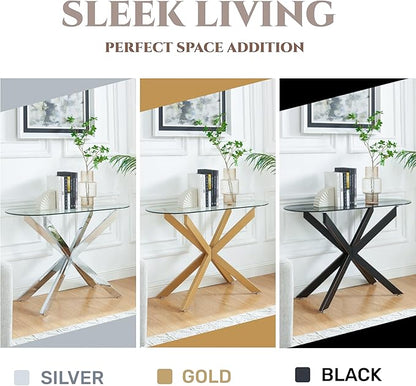 Modern Glass Oval Console Table, Entryway Hallway Narrow Sofa Table, Entrance for Entryway, Living Room, Foyer, Hallway, Office， 45" Lx18 Wx30 H Black