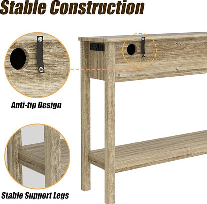 Entryway Table, Rattan Console Table with 3 Storage Drawers and Storage Shelf, Sofa Table with Socket, for Entryway, Living Room, Behind Couch and Hallway (Natural Wood)
