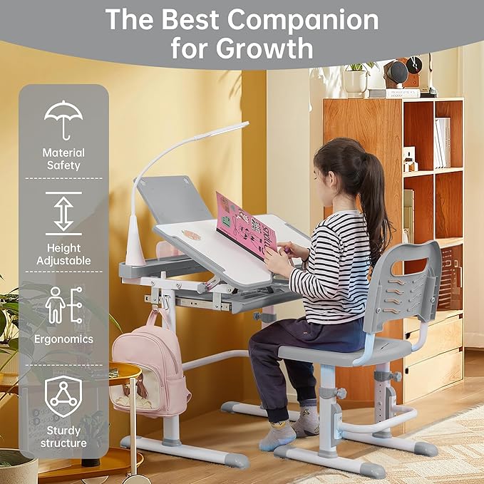 Real Relax Kids Desk and Chair Set, Children's Multifunctional School Tables with Tilt Desktop, LED Light, Metal Hook Grey