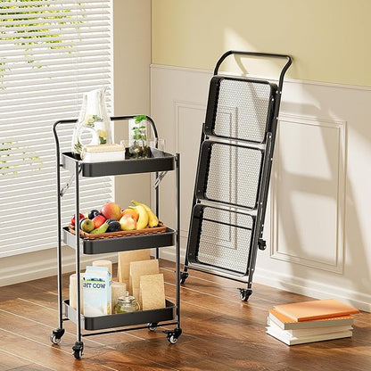JAQ Foldable Rolling Cart, 3-Tier Metal Folding Storage Utility Carts Basket Rack with Removable Handle on Wheels for Snacks Books Fruits for Kitchen Dorm Pantry Bathroom - (Black, 3-Layer)