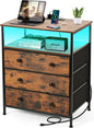 3 Drawers Dresser with Charging Station, 24 Inch Wide LED Night Stand with Adjustable Fabric Drawer, Nightstand with Storage Shelf for Living Room/Bedroom/Office, Rustic Brown.