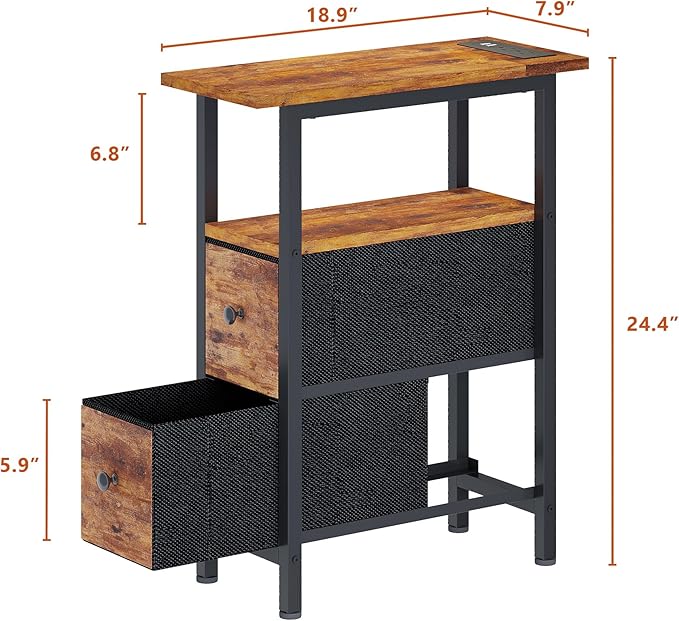 End Table Set 2 with Charging Station, Narrow Side Table with 2 Fabric Drawers, Skinny Nightstand with LED Light, Slim Bedside Table for Bedroom, Living Room, Small Spaces, Rustic Brown