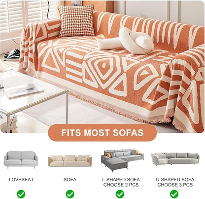 STACYPIK Soft Thick Boho Orange Loveseat Sofa Covers Modern Geometric Couch Cover for 1 Cushion Couch Reversible Pet-Friendly Protector Covers with Tassels Washable Caramel Sofa Throw Covers-71X71IN