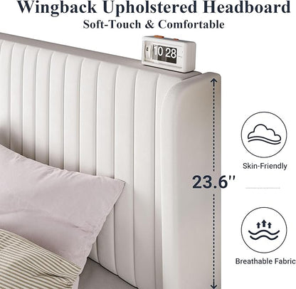 Allewie Full Size Velvet Bed Frame/Vertical Channel Tufted Wingback Headboard/Upholstered Platform Bed/Strong Wooden Slats/No Box Spring Needed/Easy Assembly/White