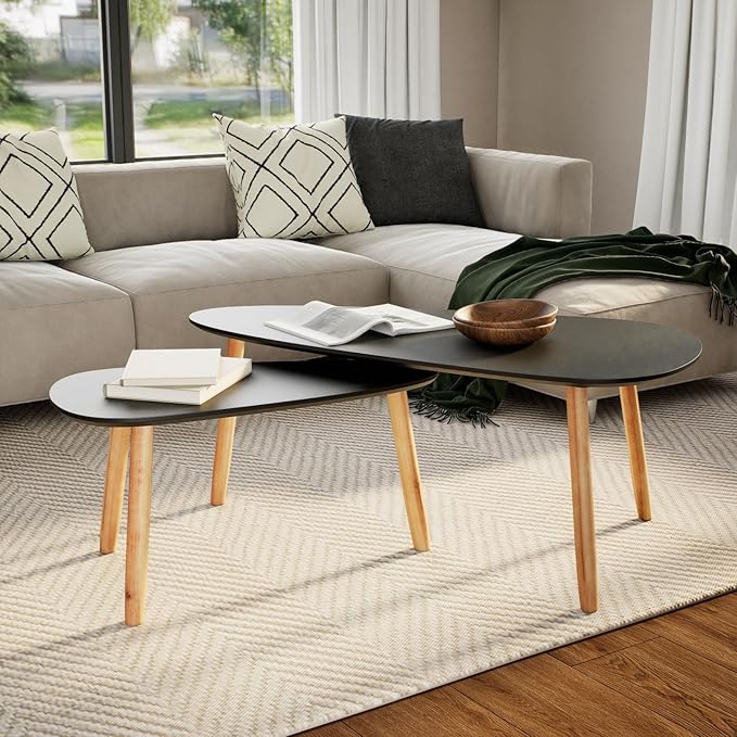 vidaXL Nesting Coffee Table 2 pcs, Side Tables with Solid Pine Wood Legs, Scandinavian Style End Table for Living Room, Black