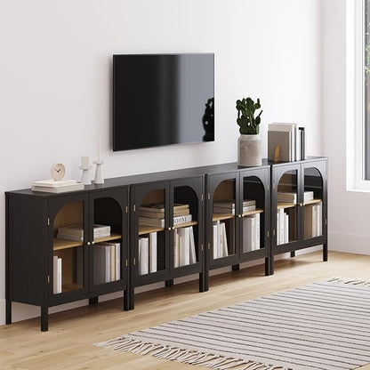 Nathan James Mason Storage Cabinet Accent Sideboard Buffet Credenza TV Stand with Glass Doors and Adjustable Shelf in Black Wood for Dining Room, Entryway and Living Room, Clear Glass/Black, Set of 4
