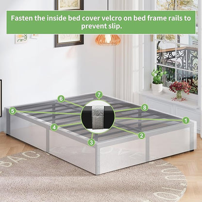 16 Inch King Size Bed Frame with White Skirt Cover, Metal King Bed Frame with Storage, No Box Spring Needed, Heavy Duty, Easy Assembly, Noise Free, Mattress Foundation