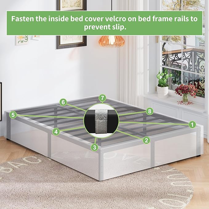 16 Inch Queen Bed Frame with White Skirt Cover, Metal Bed Frame Queen Size with Storage, No Box Spring Needed, Heavy Duty, Easy Assembly, Noise Free, Mattress Foundation