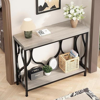 IBF Entryway Table with Storage, Modern Wood Metal Console Sofa Table Behind Couch Tables, Industrial Narrow Hallway Table for Small Living Room Home Office Foyer Entry Way Entrance, Grey, 39.4 Inch