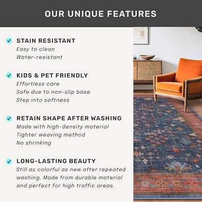 Washable 4x6 Small Rug for Living Room, Area Rug for Kitchen, Bedside, Large Entryway Indoor - Stain Resistant Non Skid Non Slip with Rubber Backing, Boho Aethestic Décor (4x6 Navy Blue)