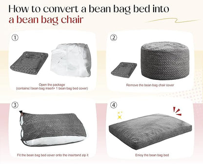 Hobestluk Bean Bag Chair Convertible Beanbag Chairs for Adults, 3 in 1 Bean Bags with Plush Chevron Cover, Adult Bean Bag Chair for Living Room, Bedroom (White, Full)