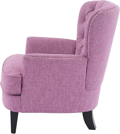 Ball & Cast Accent Chair,Mid-Century Lounge Living Room Chairs with Button Tufting,Upholstered Reading Accent Chair W/Solid Wood Legs and Curved Backrest,for Bedroom,Apartment,Pink