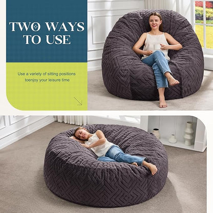 Hobestluk Bean Bag Chairs Adults Beanbag Chair with Filler Large Bean Bags with Fluffy Embossed Cover, Giant Bean Bag Chairs for Adults (Dark Grey, 6FT - 70" x 70" x 15")