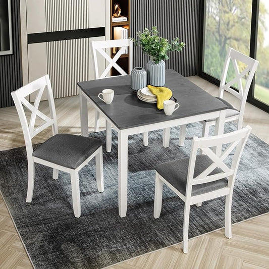 KEIKI 5-Piece Standard Height Dining Table Set with Square Table and 4 X-Shaped Backrest Upholstered Chair, for 4 Person, Modern Wooden Table Set, Easy Assembly, for Kitchen, Dining Room, White+Gray