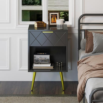 Black Nightstand, Bedside Table with Storage Drawer and Open Wood Shelf, Side Table with Gold Legs, Modern Style Night Stand End Table Drawer Dresser for Living Room Bedroom MLBZ19B