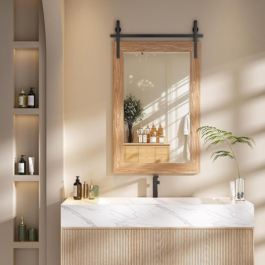 Hasipu Farmhouse Bathroom Mirror, 24"x36" Rustic Wood Framed Wall Mounted Mirror, Brown Vintage Vanity Mirror Barn Door Style Decrative Mirrors