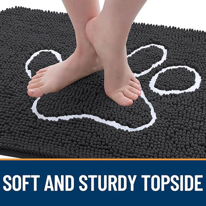 OLANLY Door Mat for Muddy Dog Paws 59x35, Ultra Absorbent Chenille Mud Doormat with Paw Print Design, Non-Slip Washable Doormat for Indoor Entryway, Quick-Dry Pet Bed Mats for Dirty Dogs, Dark Grey