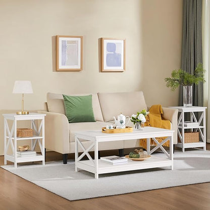 Yaheetech End Tables Set of 2, 3-Tier Side Tables with Storage for Living Room, Sturdy X Design Wooden Large Sofa Side Table Storage Cabinet with Shelves, 16x16x24’’(LxWxH), White