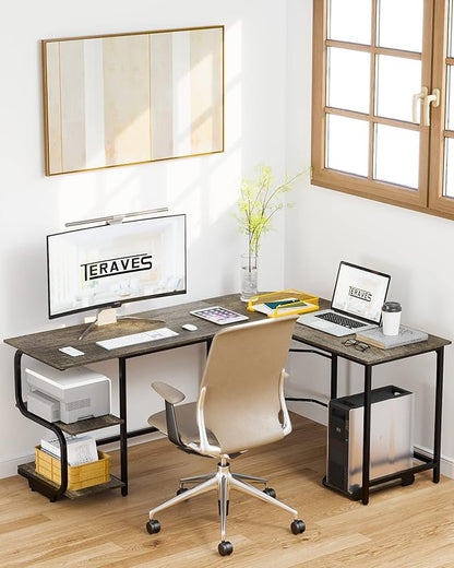 Teraves Reversible L Shaped Desk with Large Surface, 69 Inch Sturdy Corner Desk with Storage Shelves, Premium Office Computer Desk Workstation for Home Office Gaming