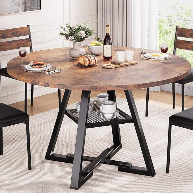 Round Dining Table for 4,Kitchen Dining Room Circle Dinner Pedestal Table,Space Saving Wood Kitchen & Dining Room Furniture (Vintage, 47In)