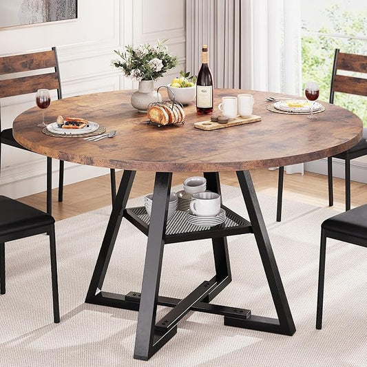 Round Dining Table for 4,Kitchen Dining Room Circle Dinner Pedestal Table,Space Saving Wood Kitchen & Dining Room Furniture (Vintage, 47In)