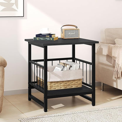 18" Square End Table, Modern Nightstand Side Table, Nightstand with Open Storage Shelf for Living Room, Heavy Duty Stand of Mini Beverage for Dorm, Kitchen Room, Black