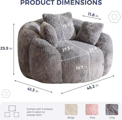 MAXYOYO Bean Bag Chair with 3 Pillows, Oversized Floral Shaped Bean Bag Sofa for Adults, Ultra Soft Faux Fur Floor Sofa, Large Stuffed Reading Chair for Living Room Bedroom, Grey