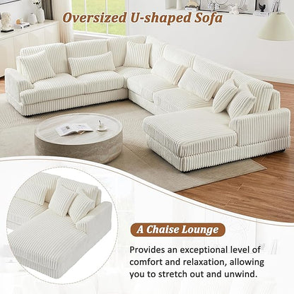 129" Oversized U Shaped Modular Sectional Sofa Couch for Living Room 7 Seater Plush Corduroy Upholstered Large Sofa Deep Seat Cloud Couch with Extra Wide Chaise Lounge and Detachable Thick Cushions