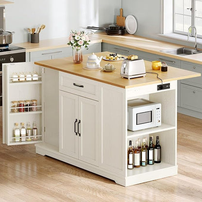 YITAHOME 50" Kitchen Island with Power Outlet & Drop Leaf, Rolling Island Cart with Trash Can Cabinet, Mobile Storage Islands with Microwave Rack, Door Storage Spice Rack, Retro White
