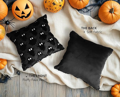 4TH Emotion Halloween Ghost Decorative Pillow Covers 16x16 Set of 2, Black Soft Plush Faux Fur Farmhouse Throw Cushion Cases for Fall Autumn Holiday Home Decorations