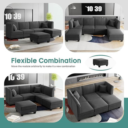 Shintenchi 6 Pieces Sectional Couch Modular Sofa,U Shaped Reversible Chaise Velvet SofaCouch with Cushions,Modular Sectional Sofa with Ottoman for Living Room (Dark Grey)