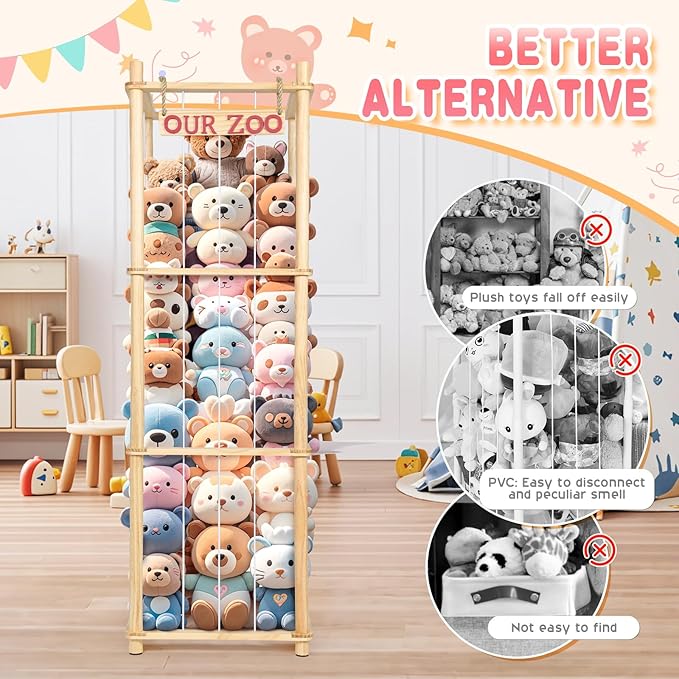 Stuffed Animal Storage - Tall Natural Pine Wood Toy Organizer with Elastic Cords & Shelf, Space-Saving Plushie Playhouse for Nursery, Playroom, Kids Bedroom - Easy Assembly
