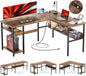 Reversible L Shaped Computer Desk with Power Outlets and USB Charging Ports, Sturdy Corner Desks with Storage Shelf, Modern Work Gaming Table for Home Office, Easy to Assemble, Rustic Brown