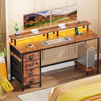 Furologee 55 Inch Computer Desk Gaming with 4 Fabric Drawers with Power Outlets and LED Lights for Home Office with Full Monitor Stand and Shelf Study Table for Small Spaces Rustic Brown