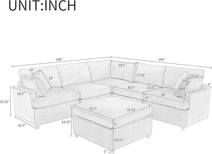 100 Inch U-Shaped Modular Convertible Sectional Sofa with Removable Ottoman and Pillows, Oversized 6 Seater Upholstered Corner Couch for Living Room, Office, Spacious Space, Gray