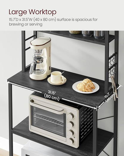 VASAGLE Coffee Bar, 31.5 Inches Baker's Rack for Kitchen with Storage, 6-Tier Kitchen Shelves with 6 Hooks, Microwave Stand, Industrial, Charcoal Gray and Black UKKS019B22
