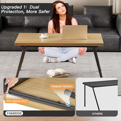 Folding Coffee Table, Portable Floor Table Desk for Sitting on The Floor, No Assembly Low Coffee Table for Living Room, Home, Caravan and Camping Use, Natural Wood, 39.4Lx19.7Wx15.8H