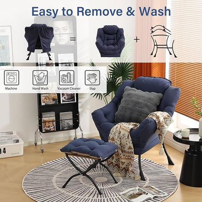 Large Lazy Chair with Ottoman, Accent Reading Chairs with a Throw Pillow, Cozy Lounge Chair with Armrest, Leisure Sofa Chairs for Living Room, Bedroom, Dorm, Navy Blue