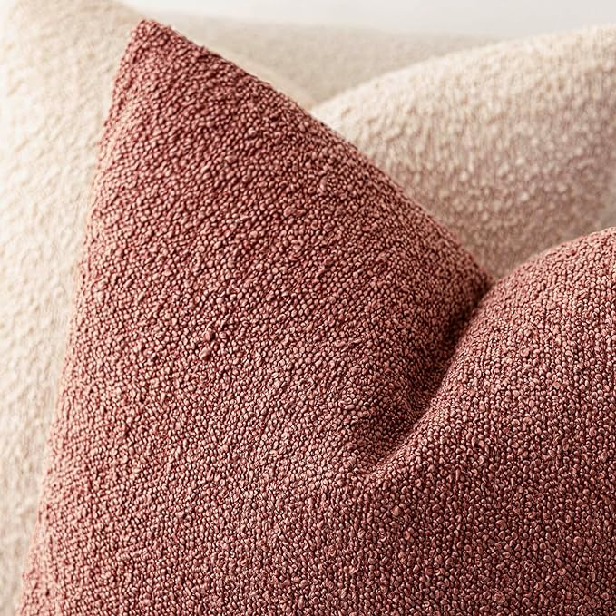Foindtower Set of 2, Decorative Textured Boucle Throw Pillow Covers Accent Solid Pillow Cases Neutral Cozy Couch Cushion Case for Chair Sofa Bedroom Living Room Home Decor 24x24 Inch Orange Rust Red