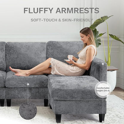 COLAMY 118" U-Shaped Sectional Couch, 4-Seat Modular Sofa with 2 Ottomans and Foldable Side Table, Grey for Living Room