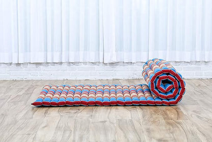 Leewadee - Foldable Floor Mattress - Japanese Roll Up Futon -Trifold Tatami Mat- Guest Floor Bed - Camping Mattress - Thai Massage Mat, Kapok Filled, 75 x 28 inches, Blue Red