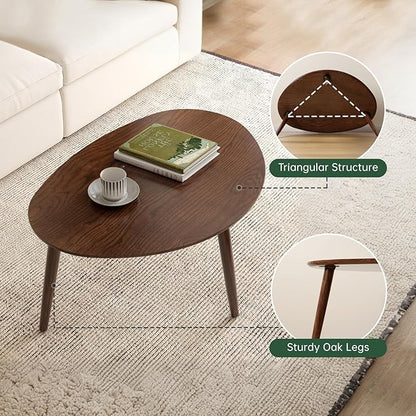 Small Oval Coffee Table, 19.7'' Small Mid Century Modern End Table for Living Room, 100% Solid Oak Wood Side Table, Minimalist Display Center Table(Walnut Color, 19.68" Wx13.38 Dx17.71 H)
