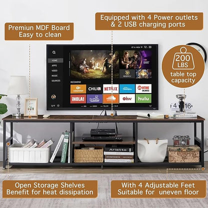 VECELO TV Stand with Power Outlets for Televisions up to 65Inch, 55" Media Entertainment Center with Charging Station 3-Tier Open Storage Shelves with Metal Frame for Living Room/Bedroom，Brown