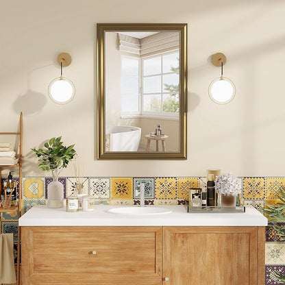 Axeman 24x36 Rectangular Wall Mirror, Decorative Bathroom Mirror, Traditional Vintage Wall Mounted Mirror with Beaded Frame for Accent Living Room Vanity Bedroom Entryway, Gold
