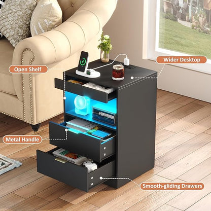 Gadroad LED Nightstand with Charging Station, Bedside Table with 3 Drawers and LED Lights, End Table Sofa Couch Side Table with Pull-Out Shelf, Black