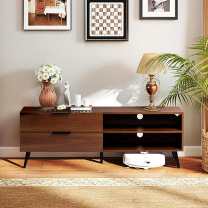 HollyHOME Wood TV Stand for TVs up to 65", Mid Century TV Stand with Storage, Modern Entertainment Center with 2 Drawers, Accent TV Media Console Table for Living Room, 53"(L), Retro Brown