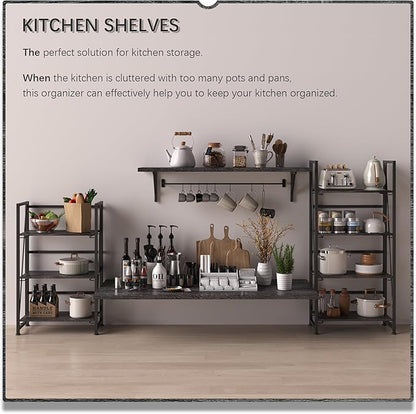 4NM No-Assembly Folding Bookshelf Storage Shelves 3 Tiers Vintage Bookcase Standing Racks Study Organizer Home Office (Gray Black)
